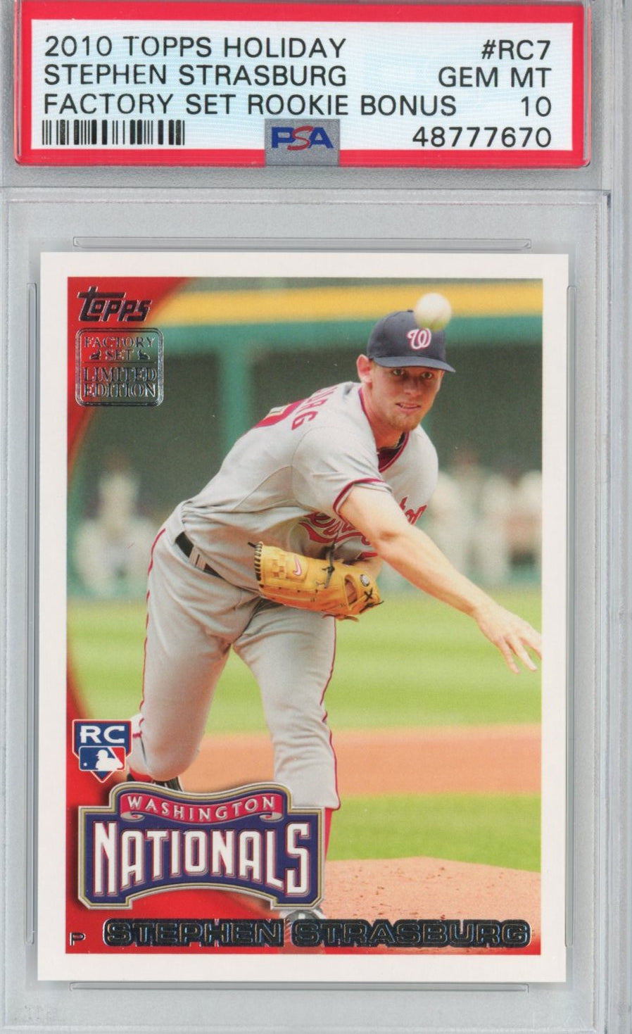 Graded 2010 Topps Holiday Stephen Strasburg #RC7 Factory Set Bonus Rookie RC Baseball Card PSA 10 Gem Mint