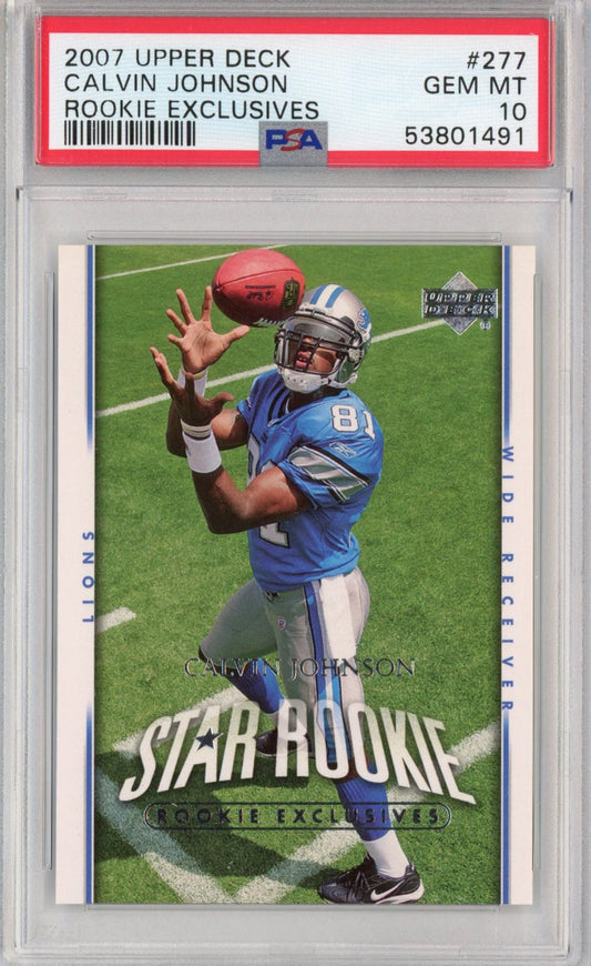 Graded 2007 Upper Deck UD Calvin Johnson #277 Rookie Exclusives RC Football Card PSA 10 Gem Mint