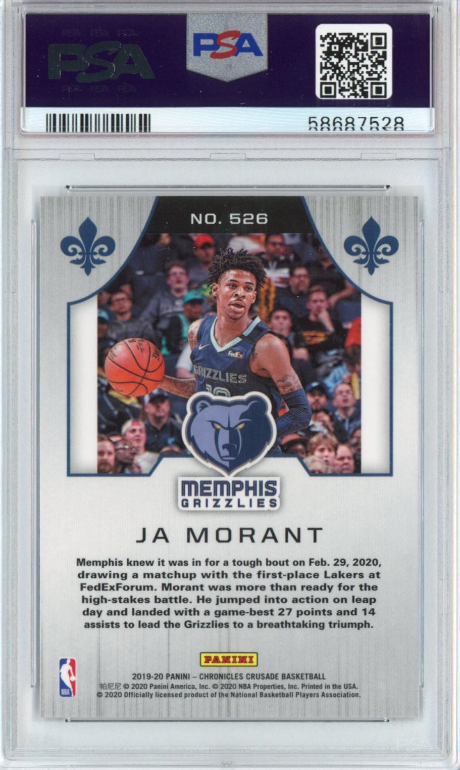 Graded 2019-20 Panini Chronicles Ja Morant #526 Rookie RC Basketball Card PSA 10 Gem Mint