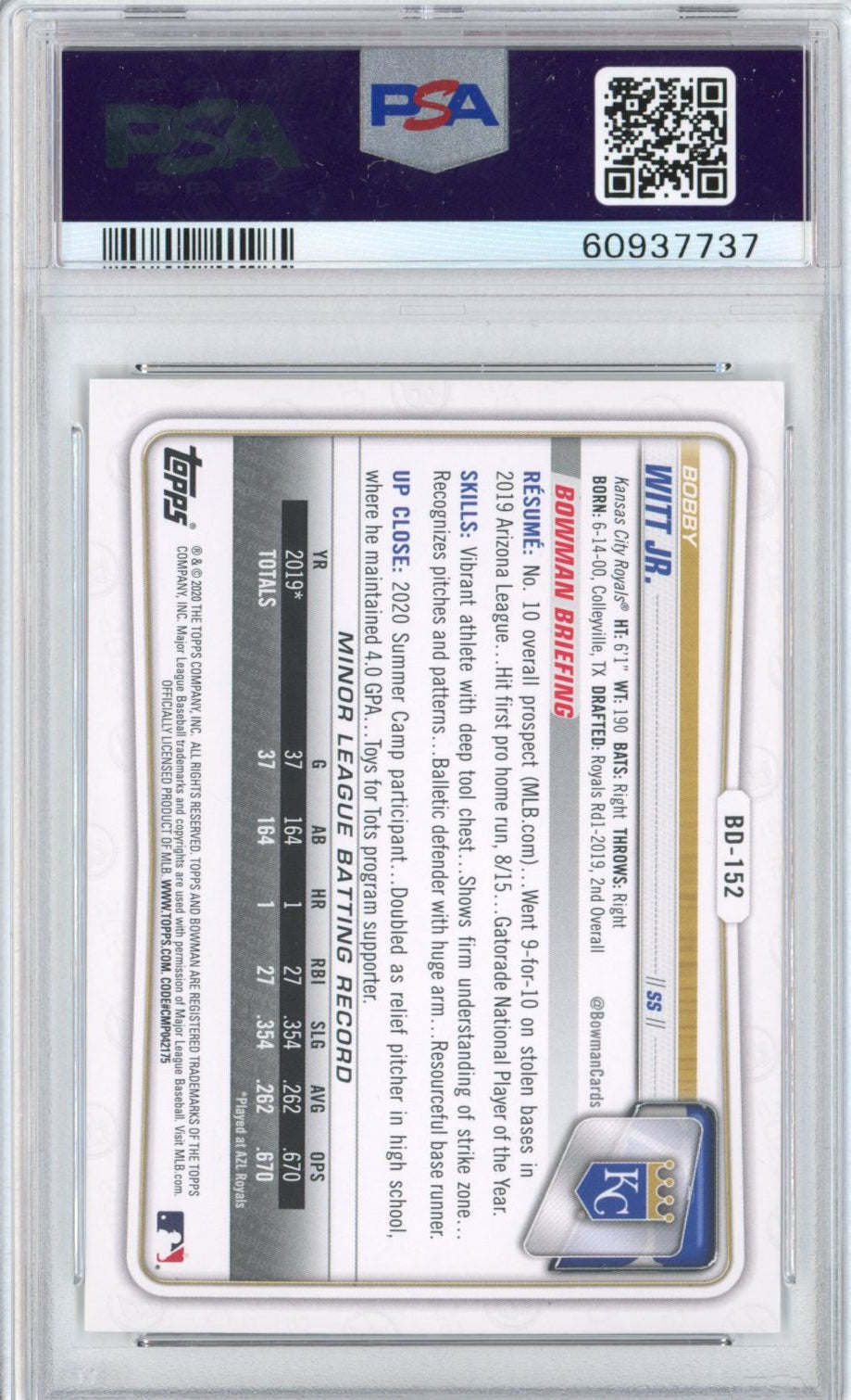 Graded 2020 Bowman Draft Bobby Witt Jr. #BD152 Rookie RC Baseball Card PSA 10 Gem Mint