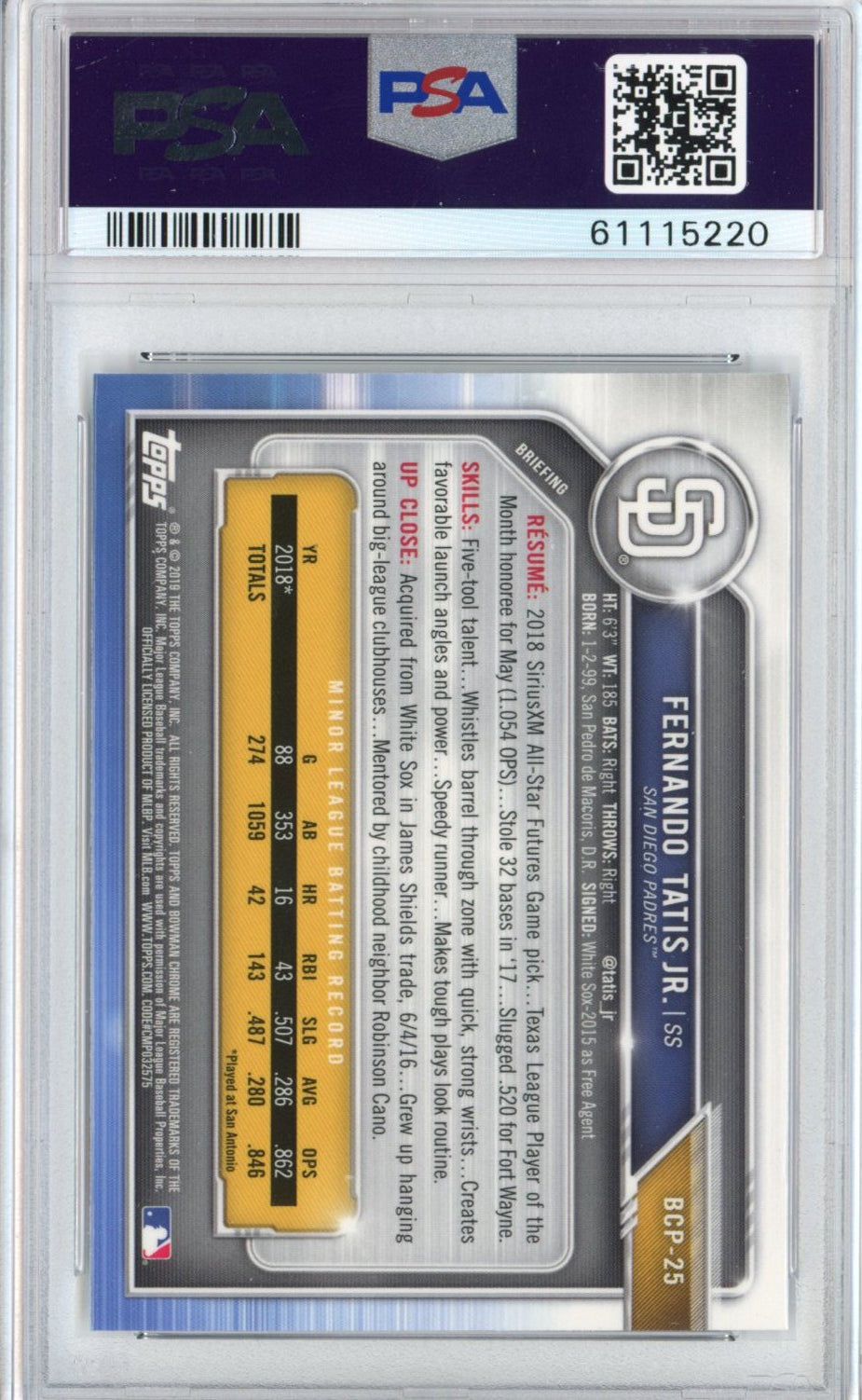 Graded 2019 Topps Bowman Fernando Tatis Jr. #25 Prospects Chrome Rookie RC Baseball Card PSA 10 Gem Mint