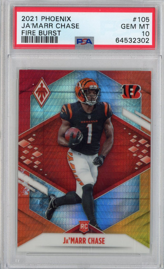 Graded 2021 Panini Phoenix Ja'Marr Chase #105 Fire Burst Rookie RC Football Card PSA 10 Gem Mint