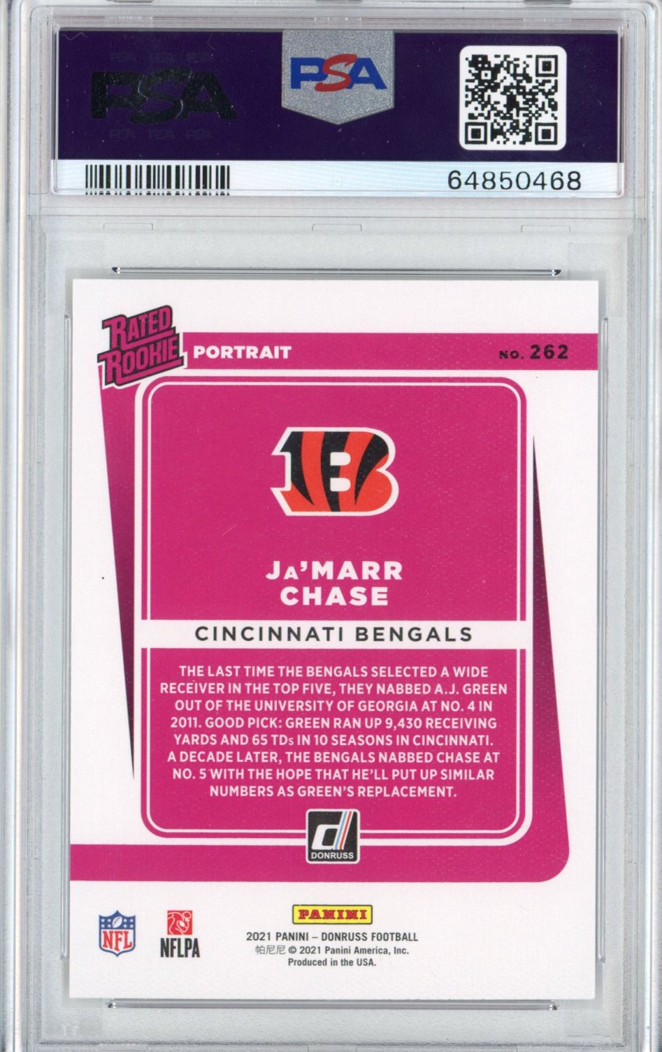 Graded 2021 Panini Donruss Ja'Marr Chase #262 Portrait Rookie RC Football Card PSA 10 Gem Mint - Golden Apple Comics