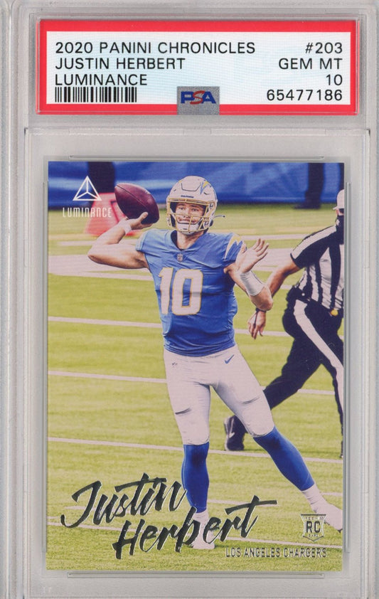 Graded 2020 Panini Chronicles Justin Herbert #203 Luminance Rookie RC Football Card PSA 10 Gem Mint