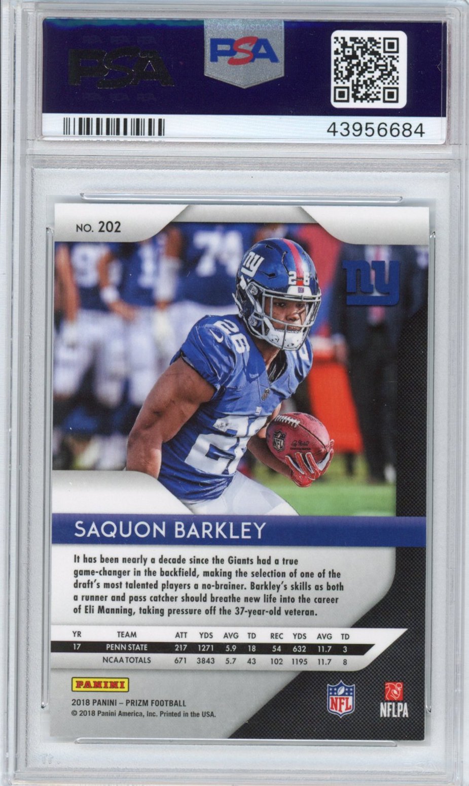 Graded 2018 Panini Prizm Saquon Barkley #202 Rookie RC Football Card PSA 10 Gem Mint