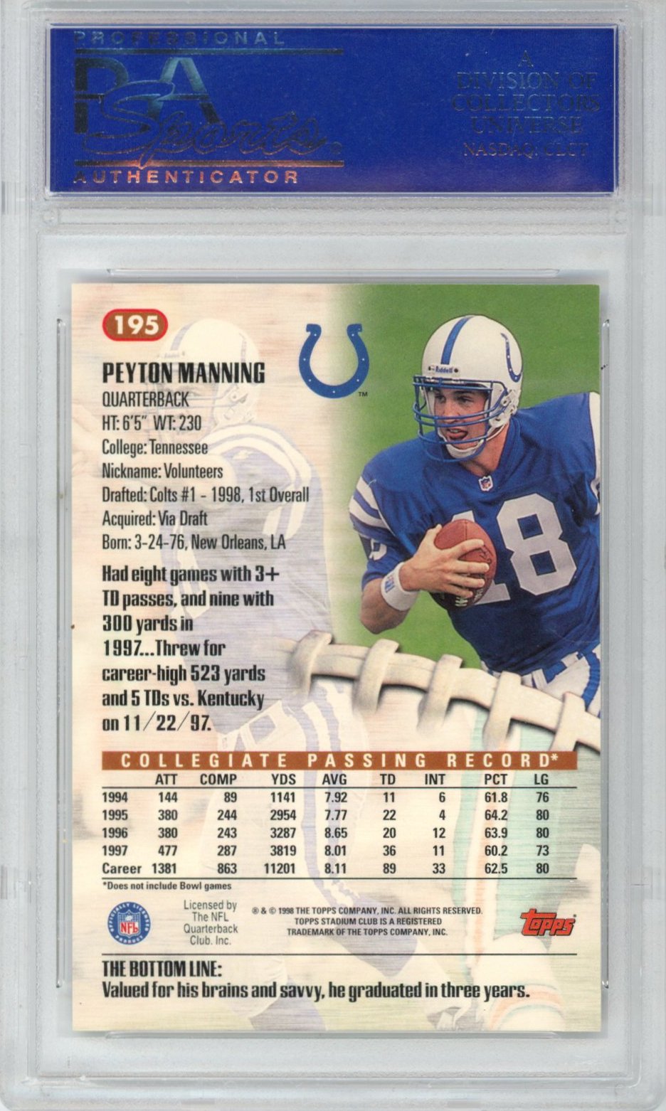 Graded 1998 Stadium Club Peyton Manning #195 Rookie RC Football Card PSA 10 Gem Mint
