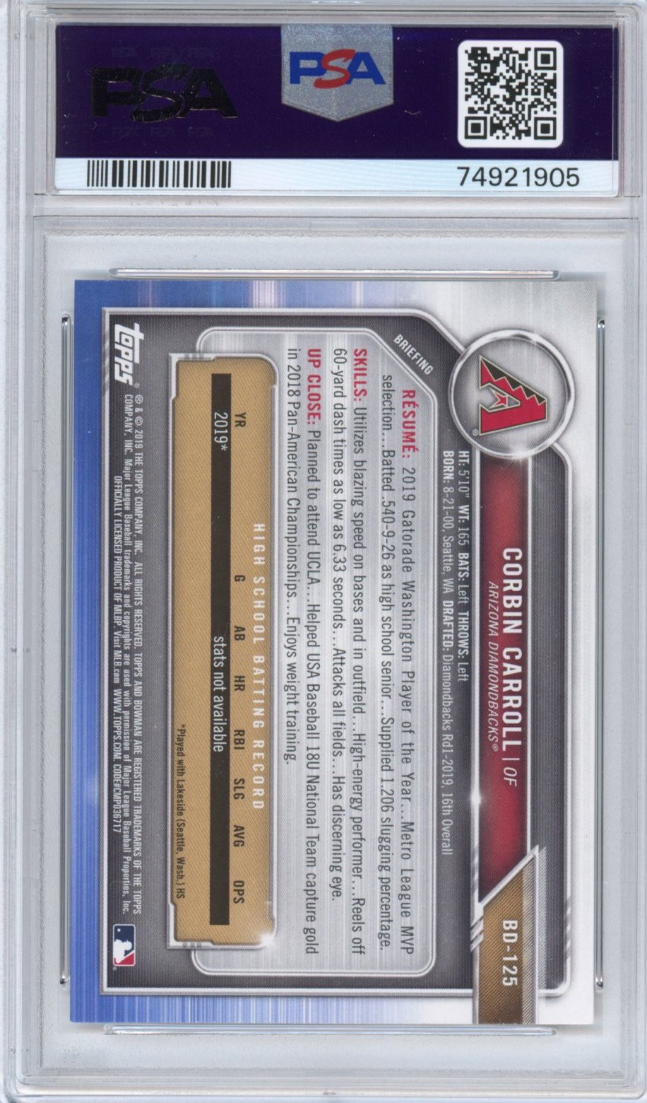 Graded 2019 Bowman Draft Corbin Carroll #BD125 Rookie RC Baseball Card PSA 10 Gem Mint