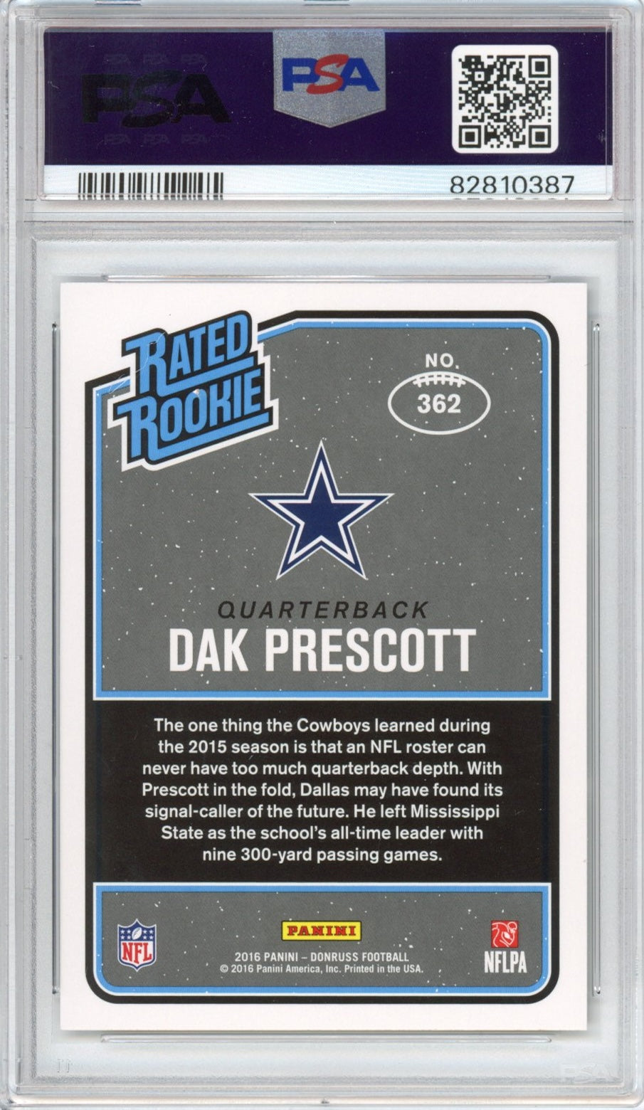 Graded 2016 Panini Donruss Dak Prescott #362 Rookie RC Football Card PSA 9 Mint
