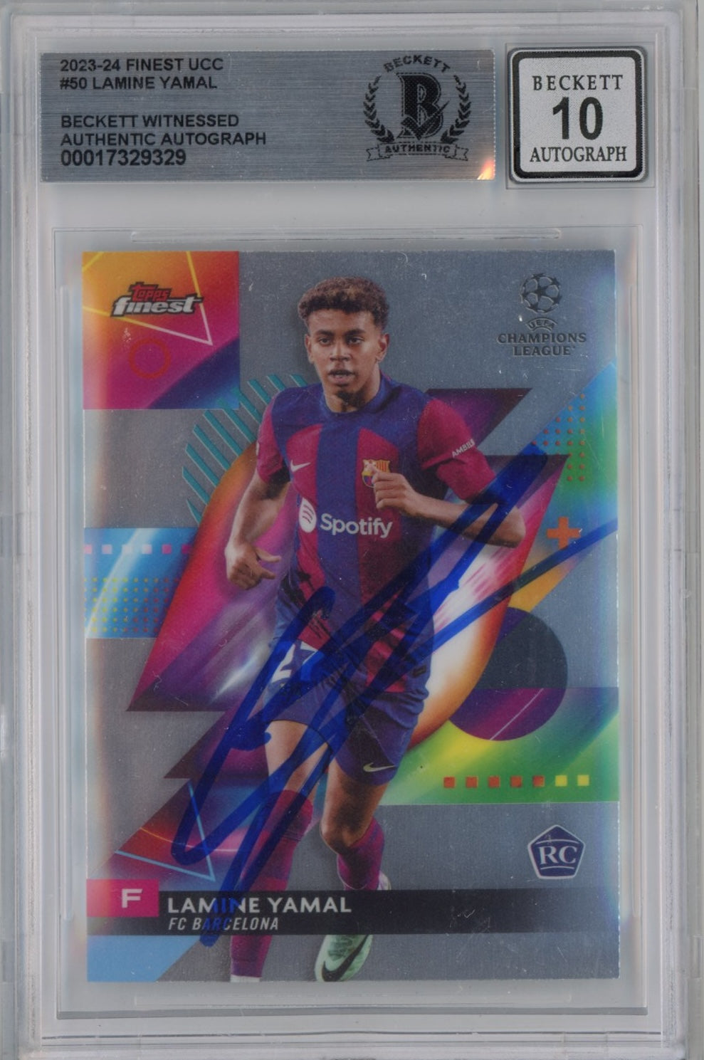 Graded 2023-24 Topps Finest UCC Lamine Yamal #50 Signed Rookie RC Soccer Card Beckett BAS BGS Auto 10