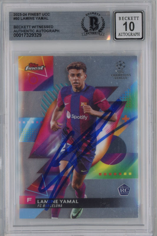 Graded 2023-24 Topps Finest UCC Lamine Yamal #50 Signed Rookie RC Soccer Card Beckett BAS BGS Auto 10