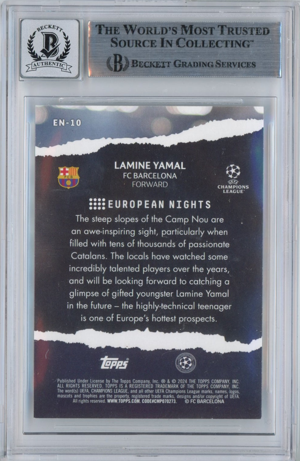Graded 2023-24 Topps UCC Lamine Yamal #EN10 European Nights Signed Rookie RC Soccer Card Beckett BAS BGS Auto 10