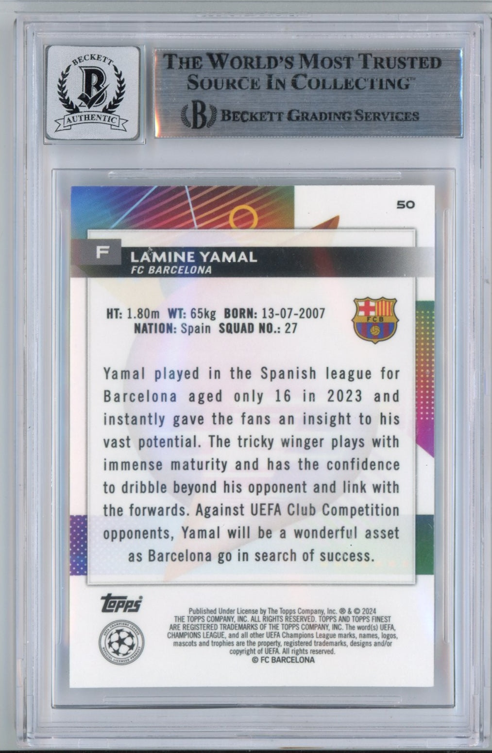 Graded 2023-24 Topps Finest UCC Lamine Yamal #50 Signed Rookie RC Soccer Card Beckett BAS BGS Auto 10