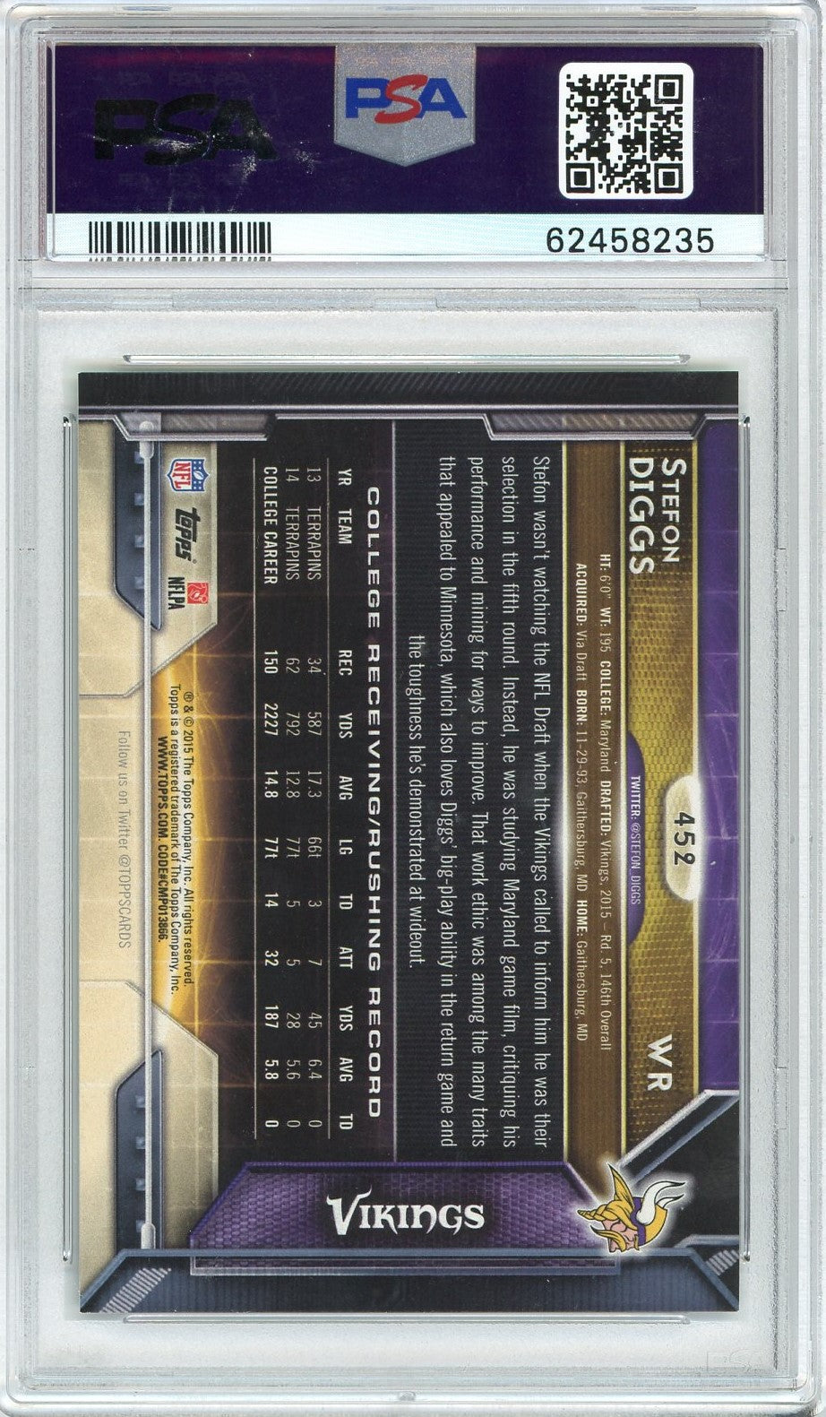 Graded 2015 Topps Stefon Diggs #452 Ball At Chest Rookie RC Football Card PSA 10 Gem Mint