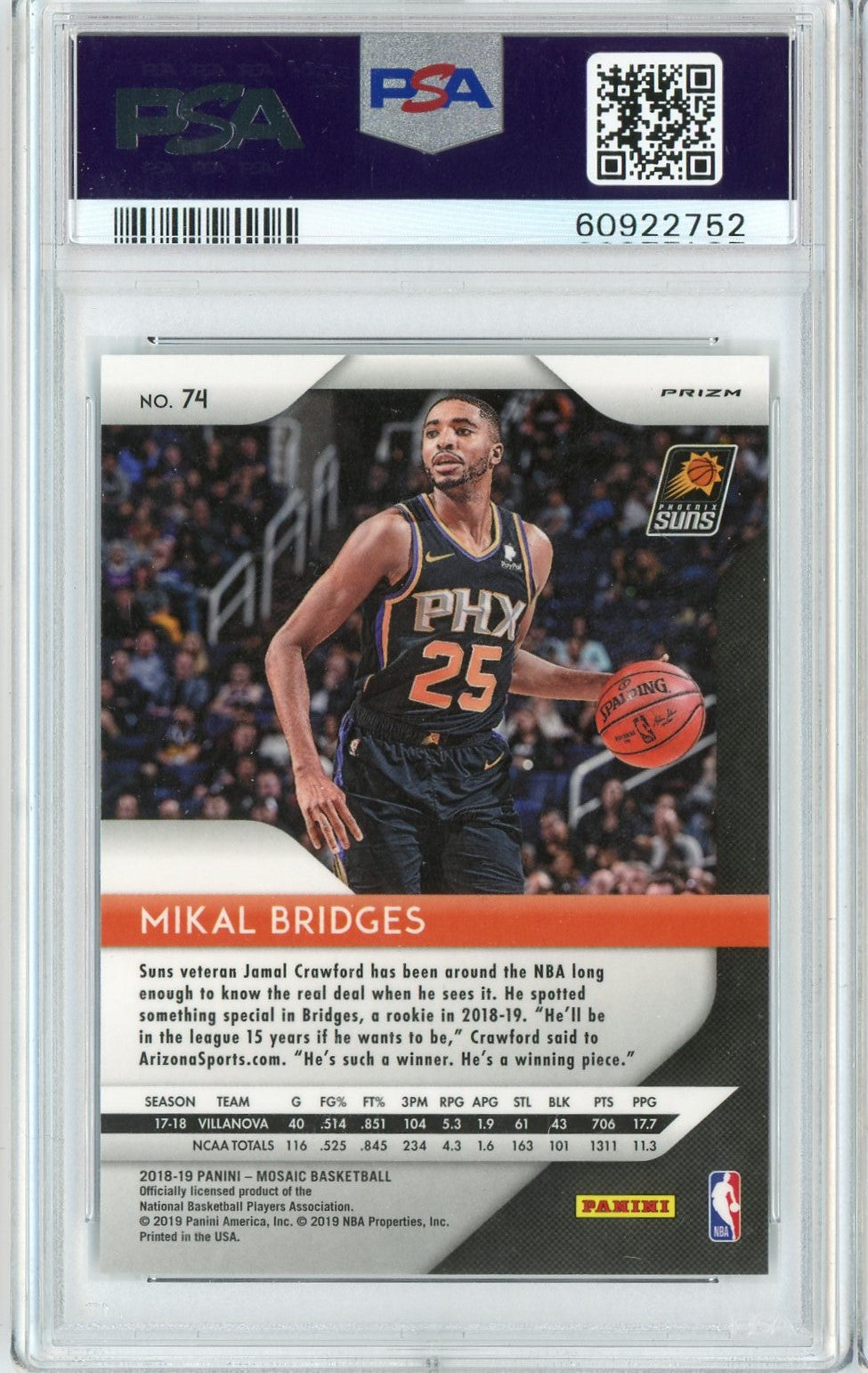 Graded 2018 Panini Prizm Mikal Bridges #74 Mosaic Rookie RC Basketball Card PSA 10 Gem Mint