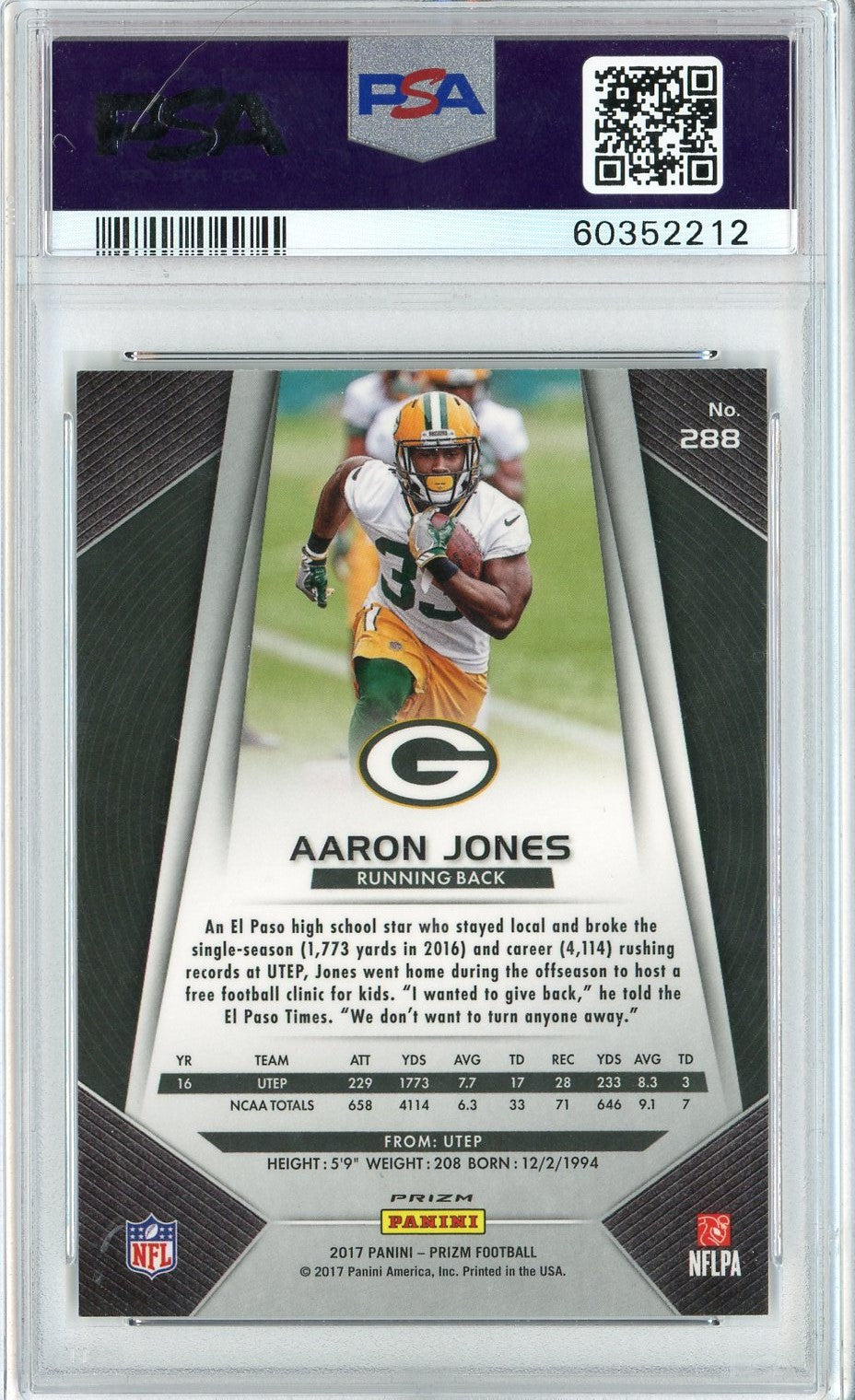 Graded 2017 Panini Prizm Aaron Jones #288 Prizm Rookie RC Football Card PSA 10 Gem Mint