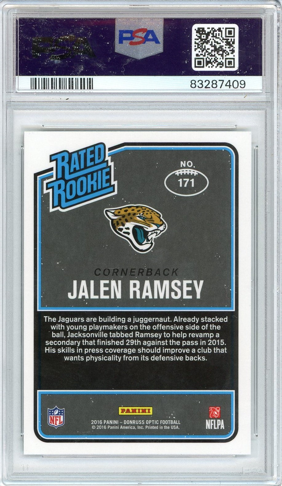 Graded 2016 Panini Donruss Optic Jalen Ramsey #171 Holo Rookie RC Football Card PSA 10 Gem Mint