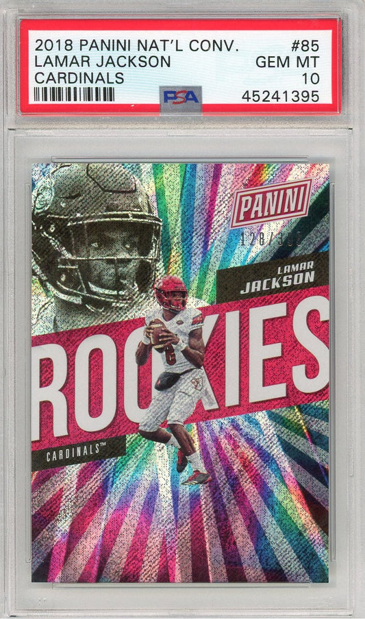 Graded 2018 Panini National Convention Lamar Jackson #85 Cardinals #/399 Rookie RC Football Card PSA 10 Gem Mint
