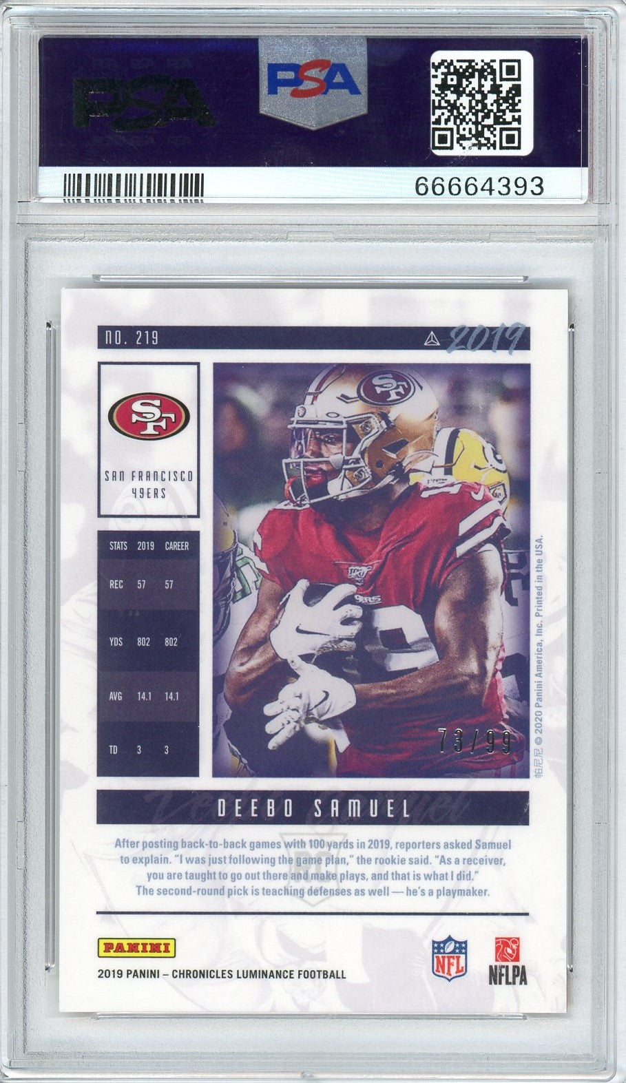 Graded 2019 Panini Chronicles Deebo Samuel #219 Luminance-Red #/99 Rookie RC Football Card PSA 10 Gem Mint - Golden Apple Comics
