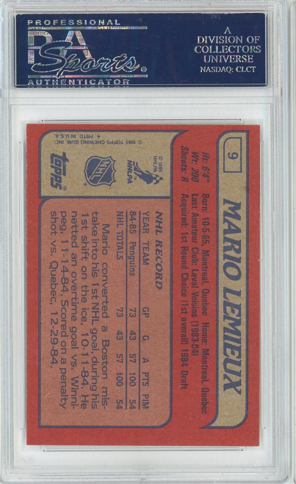 Graded 1985 Topps Mario Lemieux #9 Rookie RC Hockey Card PSA 7 NM