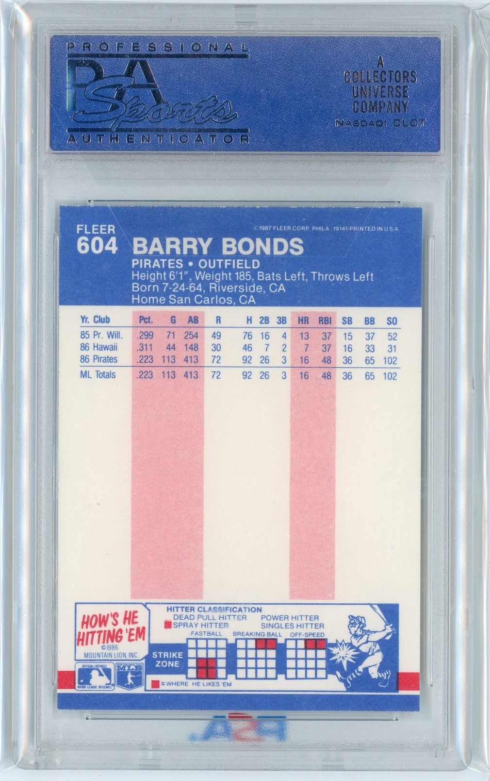 Graded 1987 Fleer Barry Bonds #604 Rookie RC Baseball Card PSA 8 NM-MT