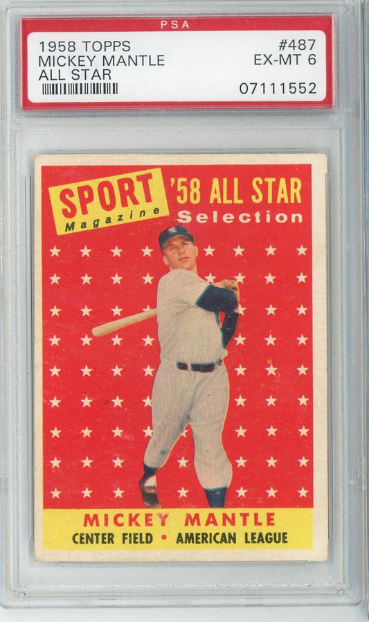 Graded 1958 Topps All Star Mickey Mantle #487 Baseball Card PSA 6 EX-MT