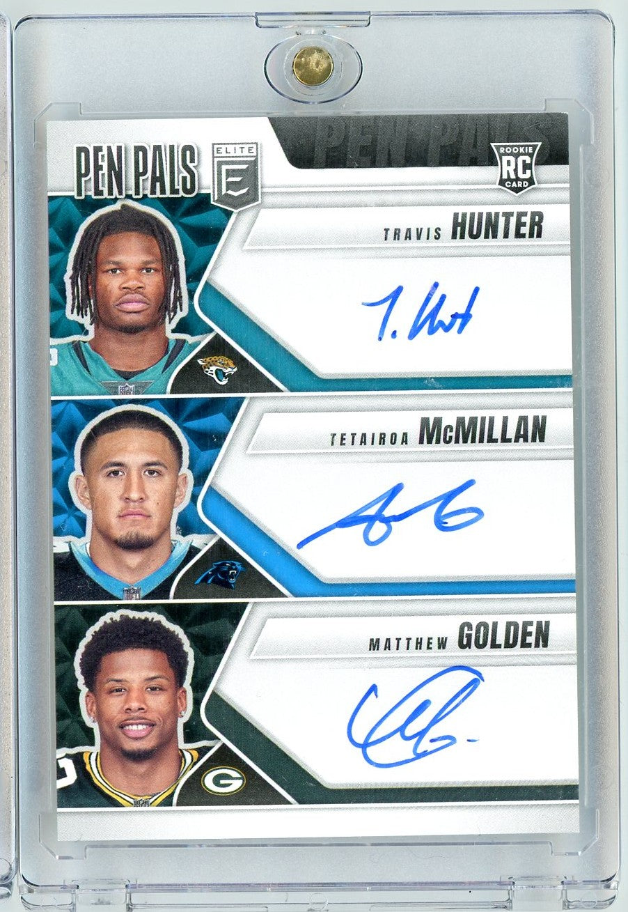 2025 Donruss Elite Pen Pals Travis Hunter/Tetairoa McMillan/Matthew Golden #PPT4 Triple Auto Rookie RC Football Card