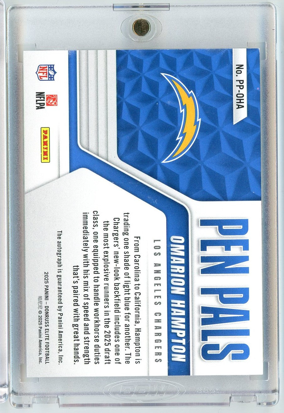 2025 Donruss Elite Pen Pals Omarion Hampton #PPOHA Purple Auto Rookie RC Football Card