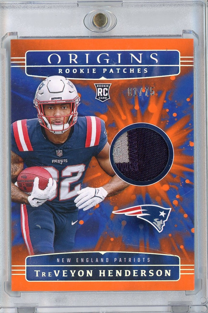 2025 Panini Origins TreVeyon Henderson #RPH-THN Rookie Patches Relic 01/75 New England Patriots Rookie RC Football Card