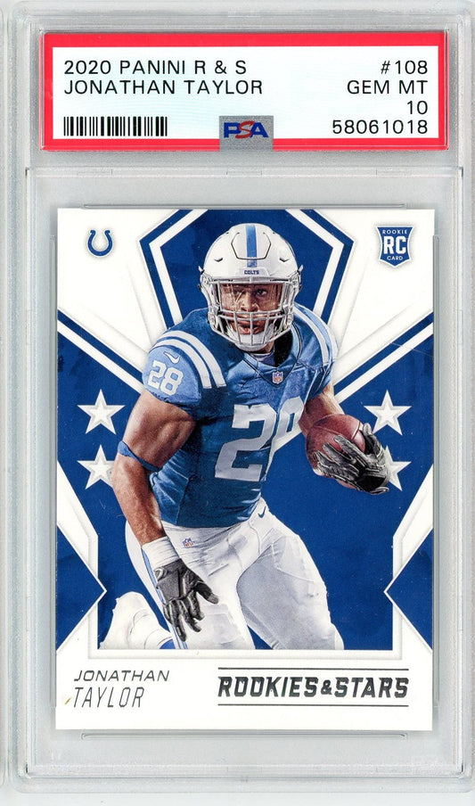 Graded 2020 Panini Rookies & Stars Jonathan Taylor #108 Rookie RC Football Card PSA 10 Gem Mint