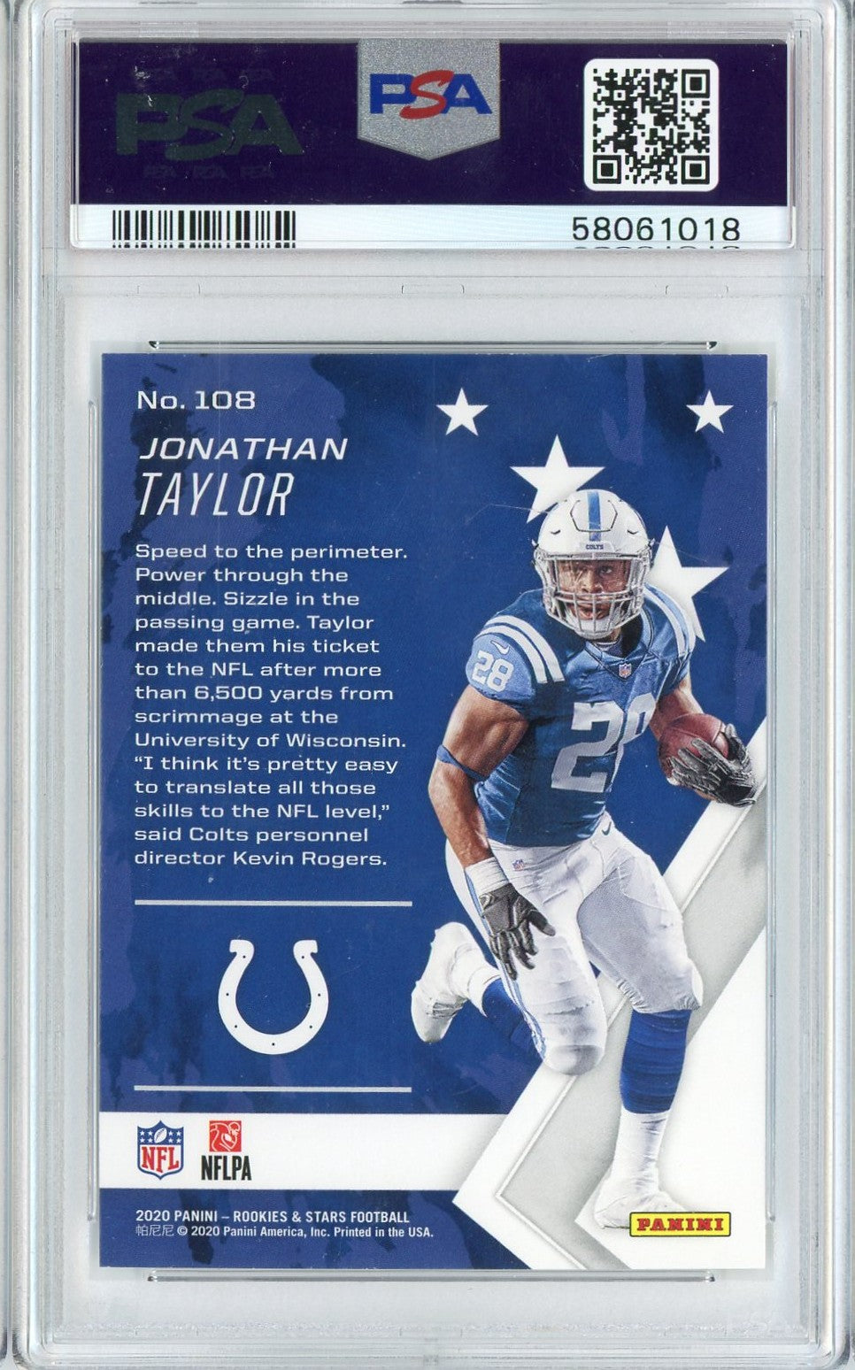 Graded 2020 Panini Rookies & Stars Jonathan Taylor #108 Rookie RC Football Card PSA 10 Gem Mint