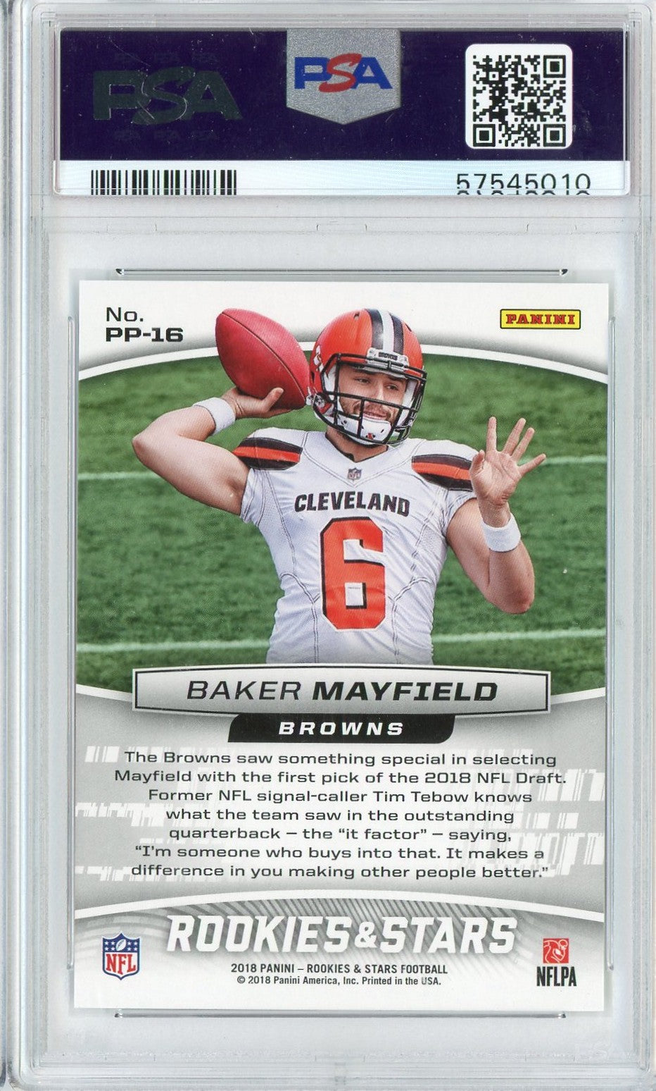 Graded 2018 Panini Rookies & Stars Baker Mayfield #PP16 Precision Passers Rookie RC Football Card PSA 10 Gem Mint