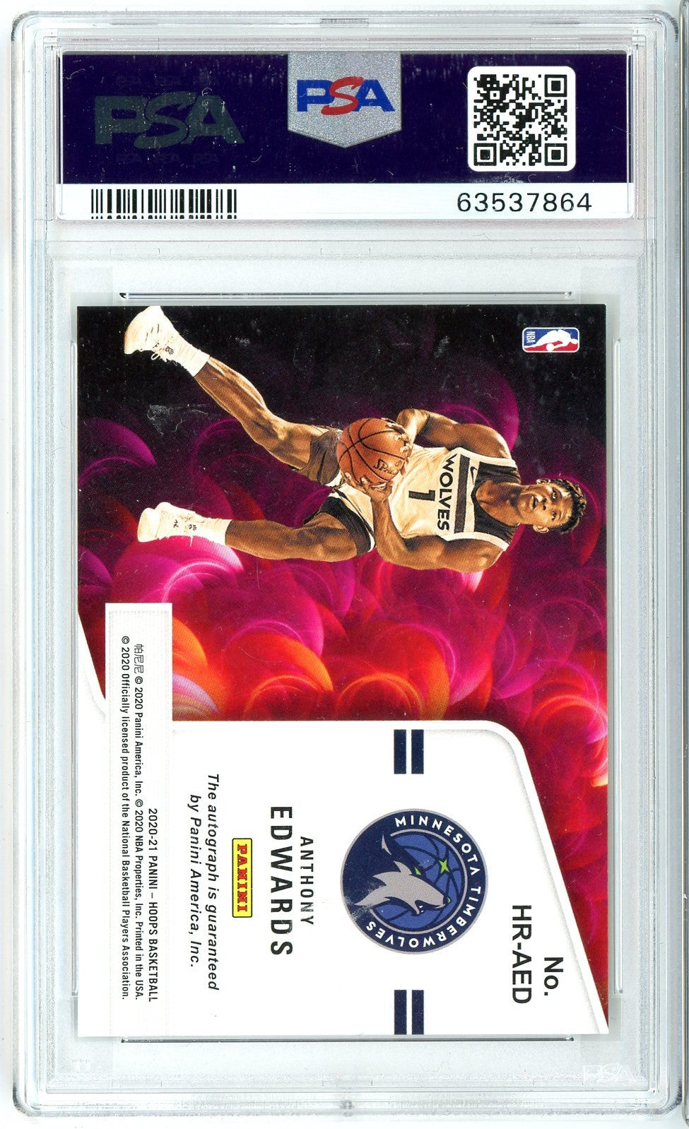 Graded 2020 Panini Hoops Anthony Edwards #HRAED Hot Signature Rookies Auto Rookie RC Basketball Card PSA 9 Mint