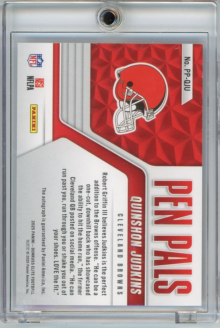 2025 Panini Donruss Elite Pen Pals Blue Quinshon Judkins #PPQJU Auto Cleveland Browns Rookie RC Football Card