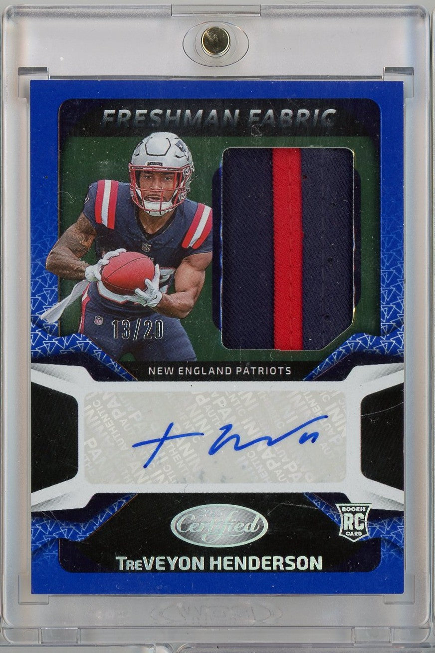2025 Panini Certified Freshman Fabric TreVeyon Henderson #FBCTHN /20 Relic Auto New England Patriots Rookie RC Football Card - Golden Apple Comics