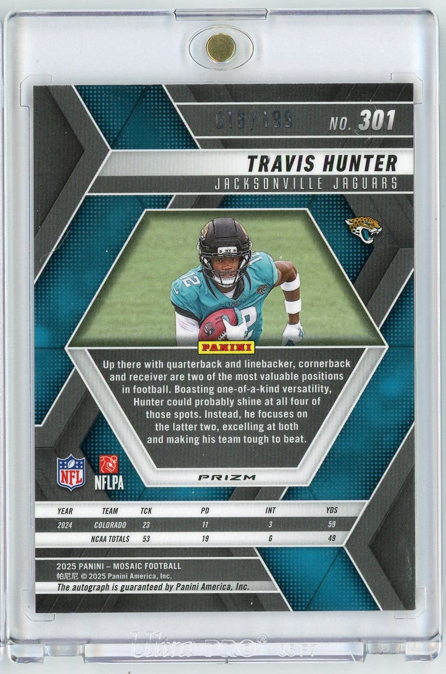 2025 Panini Mosaic Travis Hunter #301 /199 Red Mosaic Auto Rookie RC Football Card - Golden Apple Comics