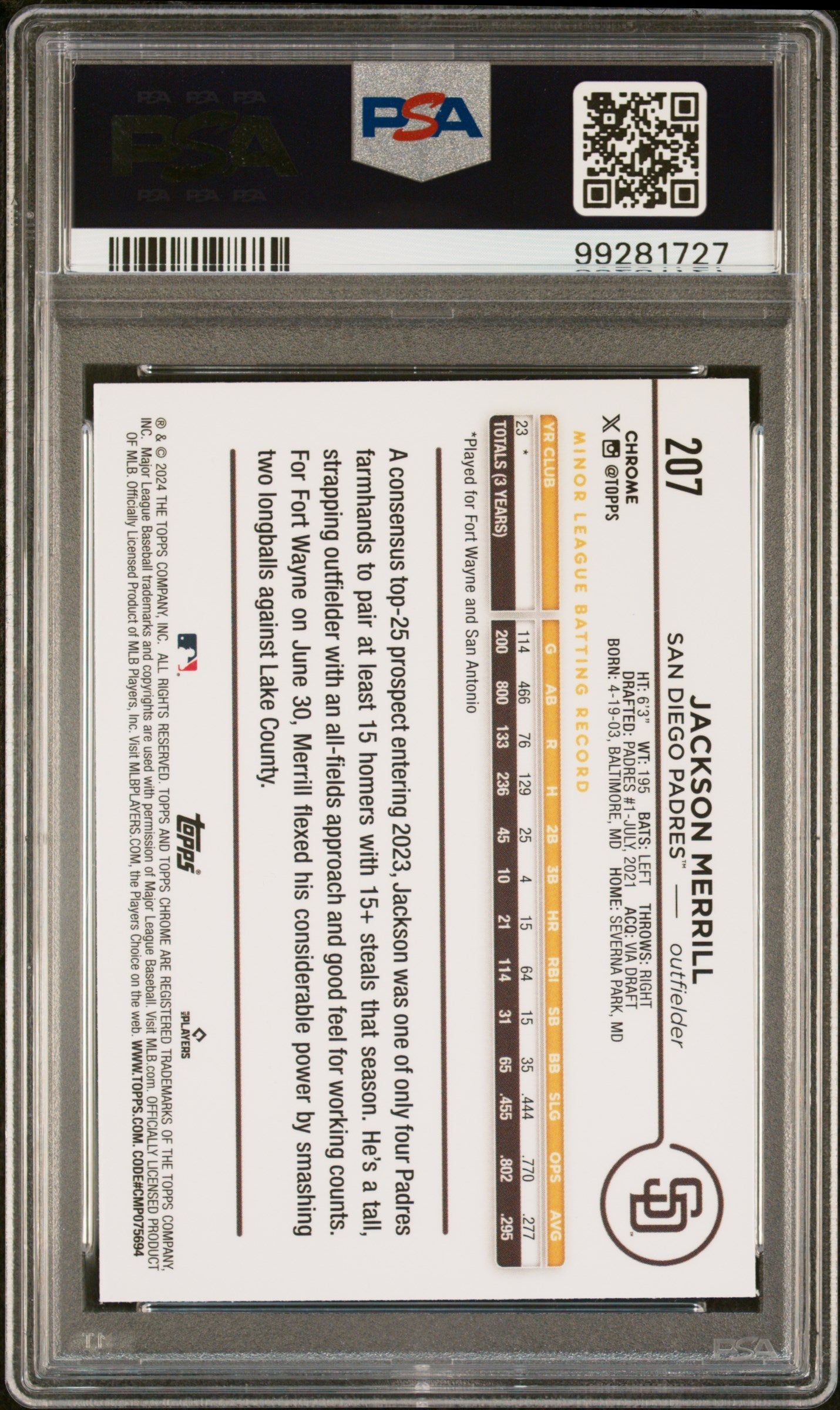 Graded 2024 Topps Chrome Jackson Merrill #207 Rookie RC Baseball Card PSA 9 Mint