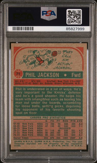 Graded 1973 Topps Phil Jackson #71 2nd Year Basketball Card PSA 9 Mint