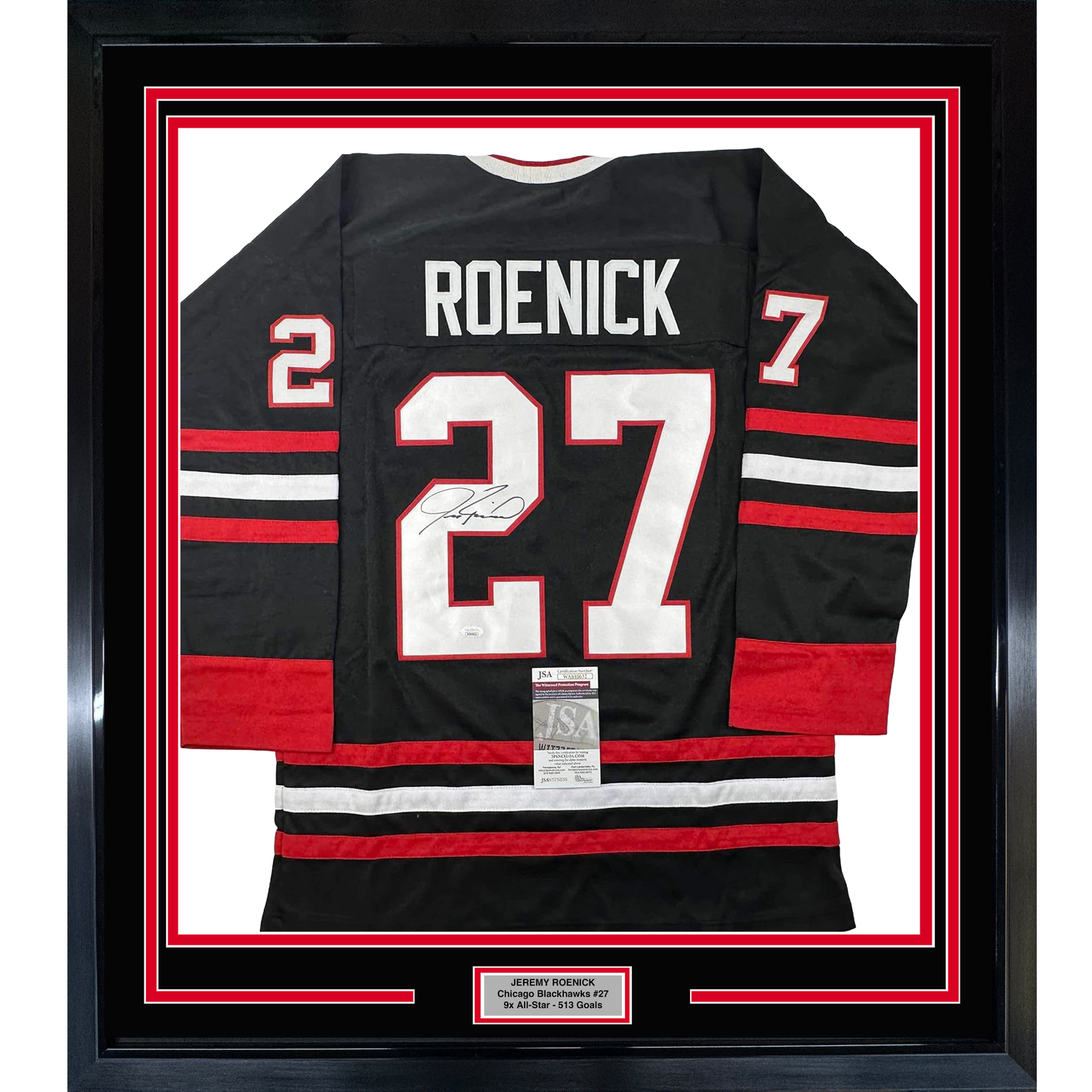 Framed Autographed/Signed Jeremy Roenick 35x39 Chicago Black Hockey Jersey JSA COA