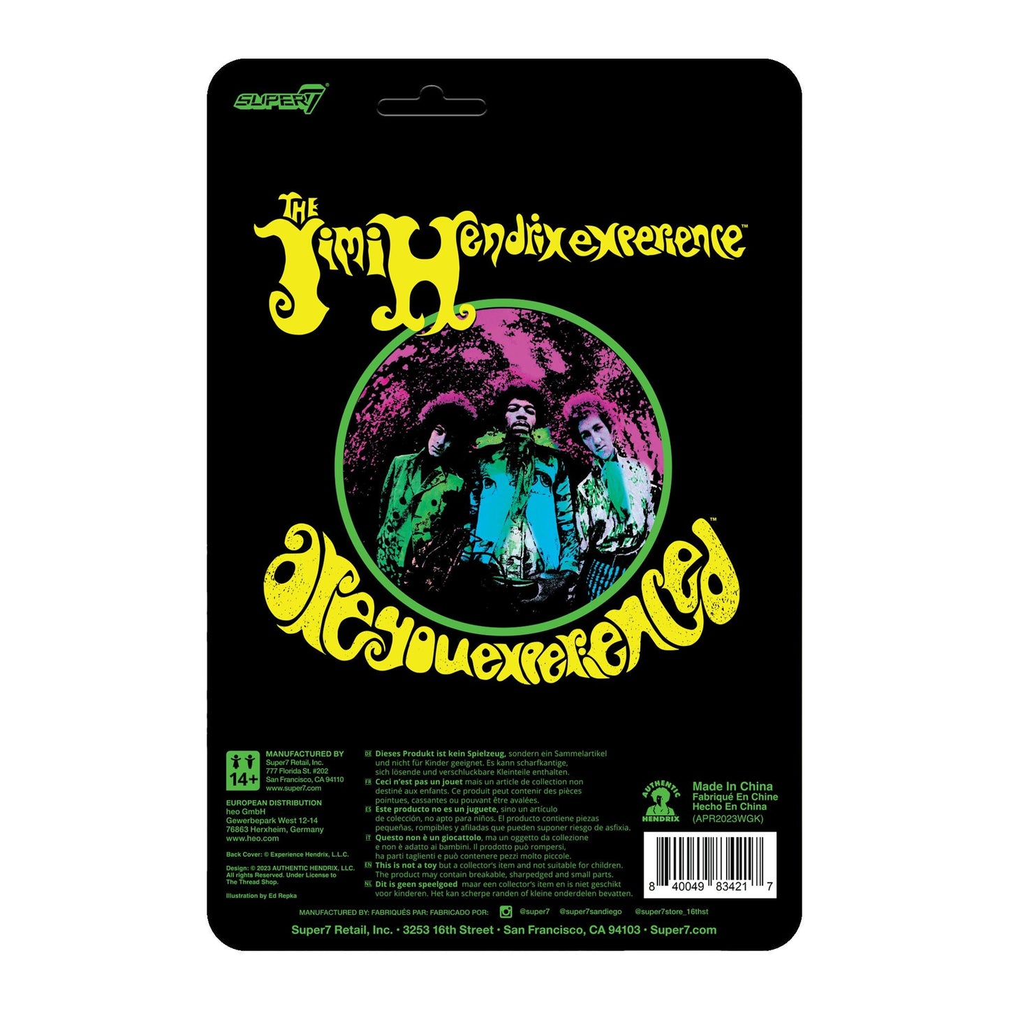 Super7 x Jimi Hendrix Blacklight (Are You Experienced) ReAction Figure on Flocked Cardback