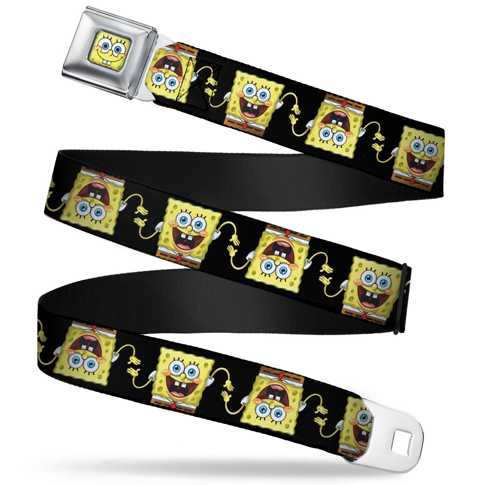 Sponge Bob Face CLOSE-UP Full Color Seatbelt Belt - SpongeBob 3-D Pose Flip Black Webbing