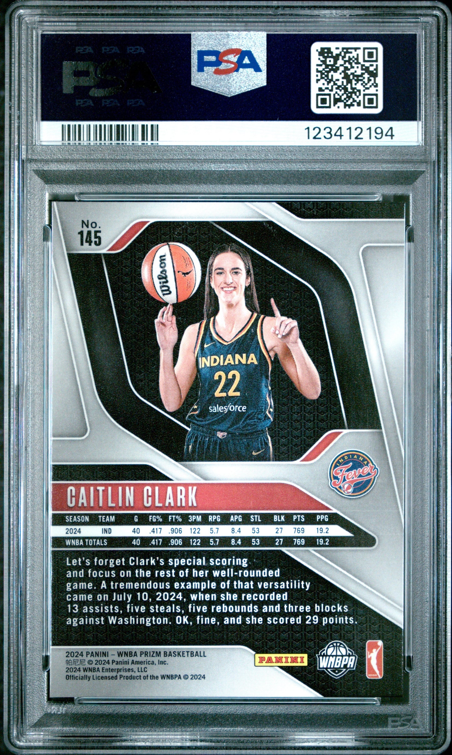 Graded 2024 Panini Prizm Caitlin Clark #145 Rookie RC Basketball Card PSA 10 Gem Mint