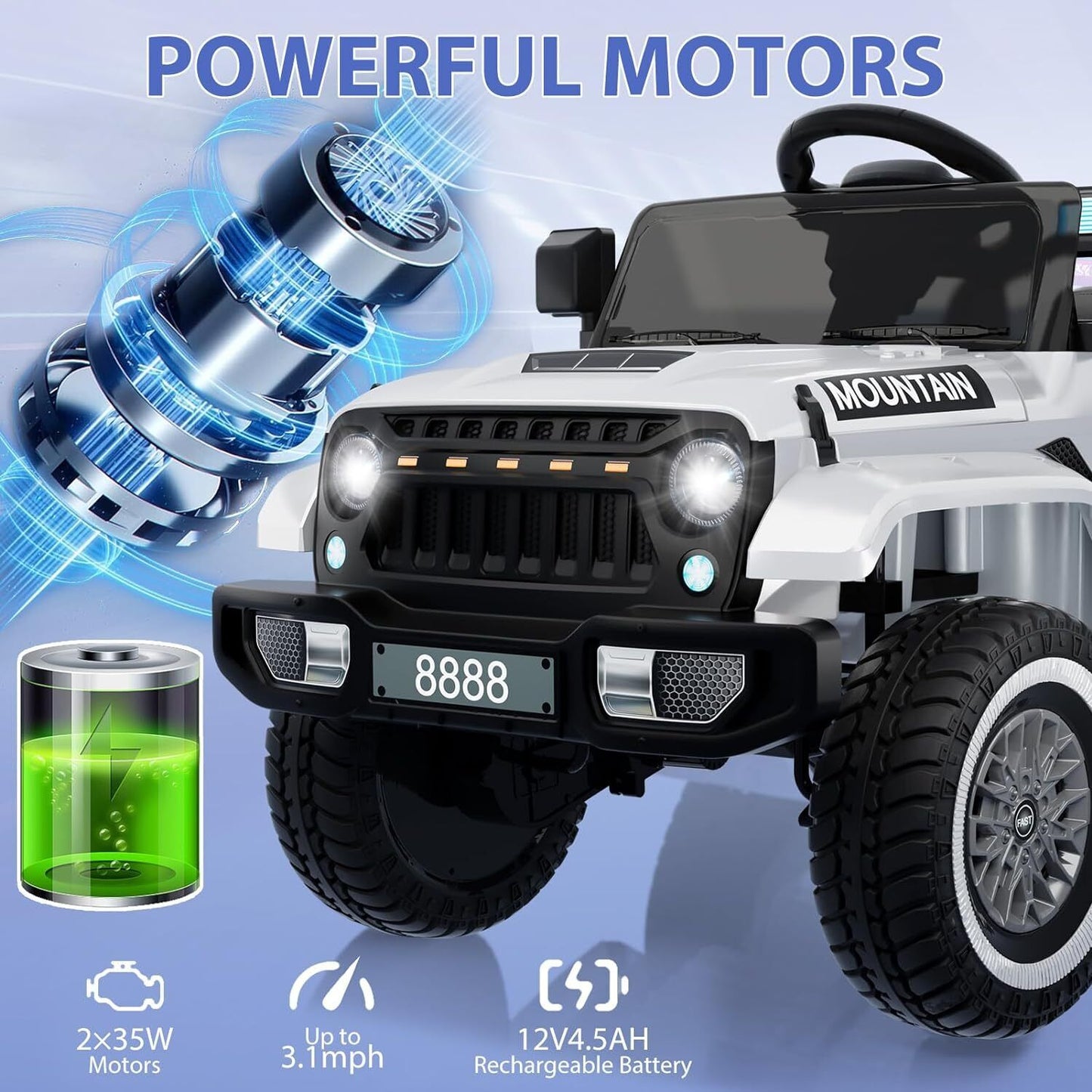 Kids Electric Ride On Jeep Toy Car with Remote Control and Music - 12V, 3 Speeds, White