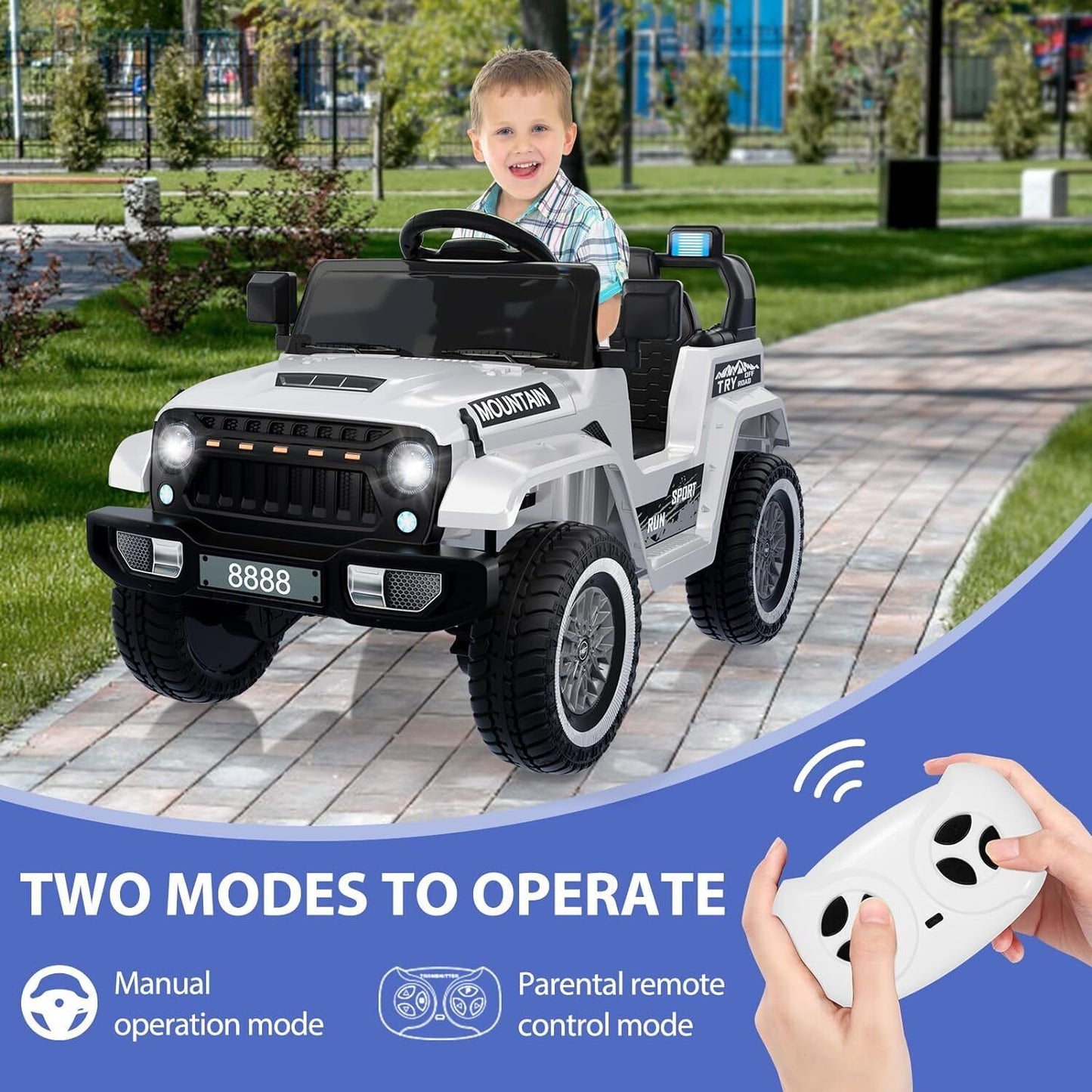 Kids Electric Ride On Jeep Toy Car with Remote Control and Music - 12V, 3 Speeds, White