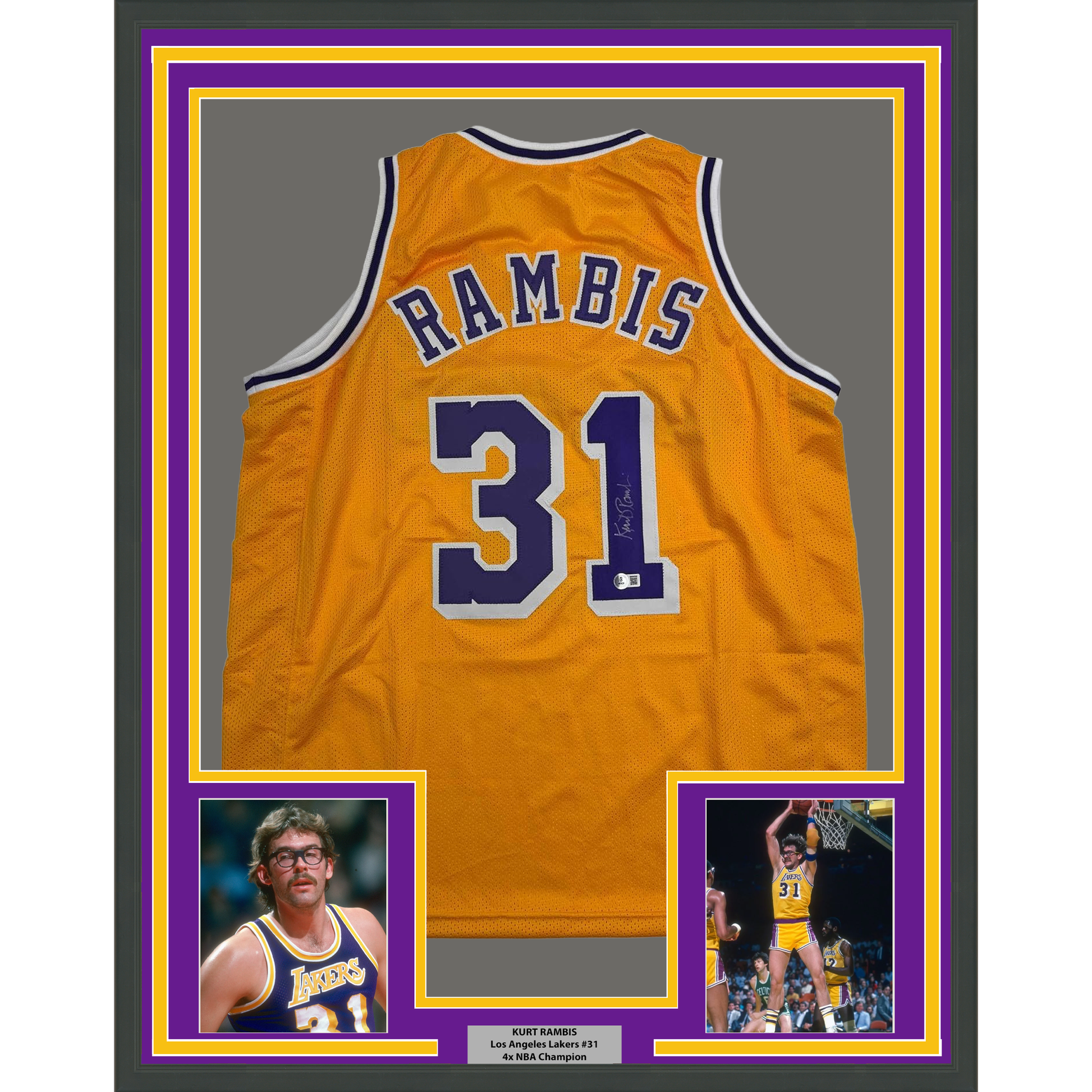 Framed Autographed/Signed Kurt Rambis 35x39 Los Angeles LA Yellow Basketball Jersey Beckett BAS COA - Golden Apple Comics
