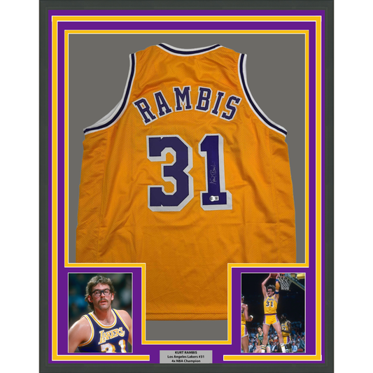 Framed Autographed/Signed Kurt Rambis 35x39 Los Angeles LA Yellow Basketball Jersey Beckett BAS COA - Golden Apple Comics