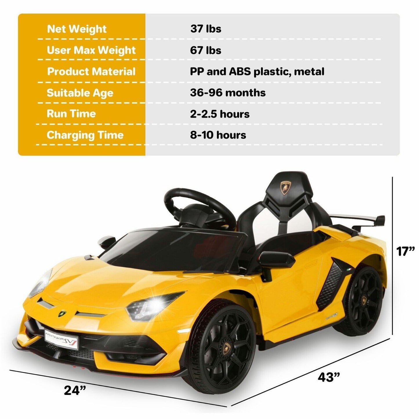 Electric Lamborghini Sian Ride-On Car for Kids with Remote Control, MP3, AUX, and USB Connectivity