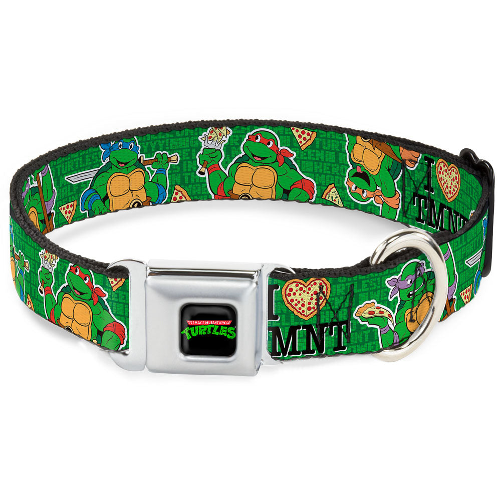 Classic TEENAGE MUTANT NINJA TURTLES Logo Seatbelt Buckle Collar - I "HEART" TMNT/Classic Turtles & Pizza Green