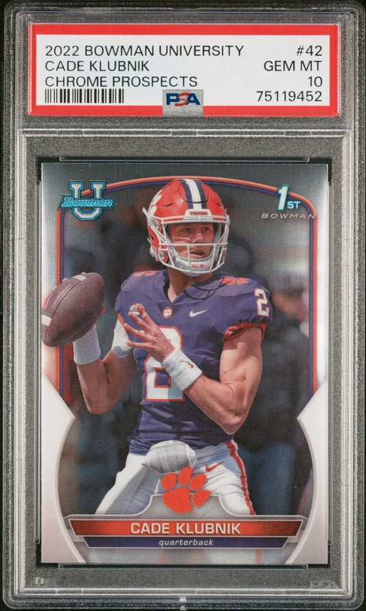 Graded 2022 Topps Bowman University Cade Klubnik #42 Chrome Prospects Rookie RC Football Card PSA 10 Gem Mint