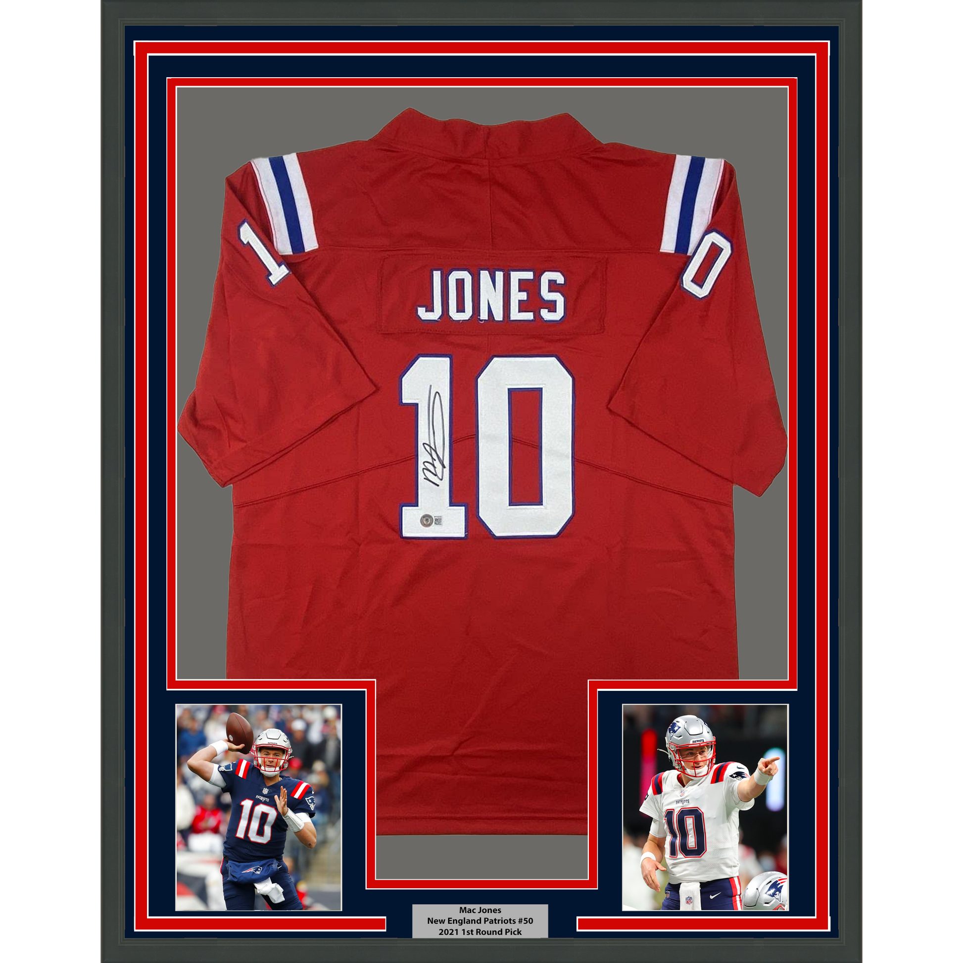 Framed Autographed/Signed Mac Jones 35x39 New England Red Football Jersey Beckett BAS COA - Golden Apple Comics