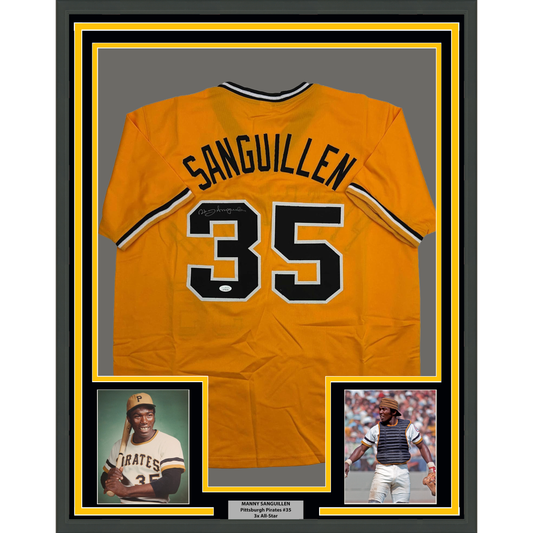 Framed Autographed/Signed Manny Sanguillen 35x39 Pittsburgh Yellow Baseball Jersey JSA COA